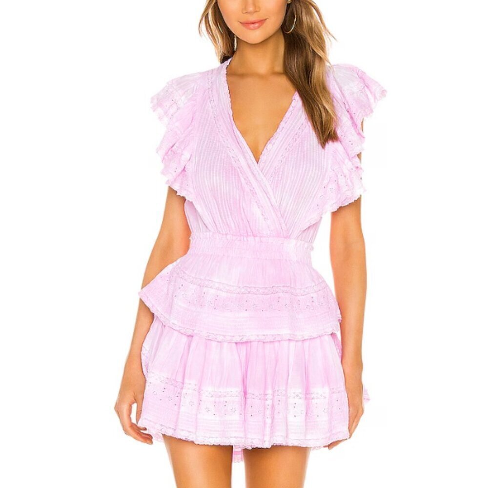 NWOT LoveShackFancy Gwen Mini Dress Womens M Peony Pink Tie Dye Ruffle